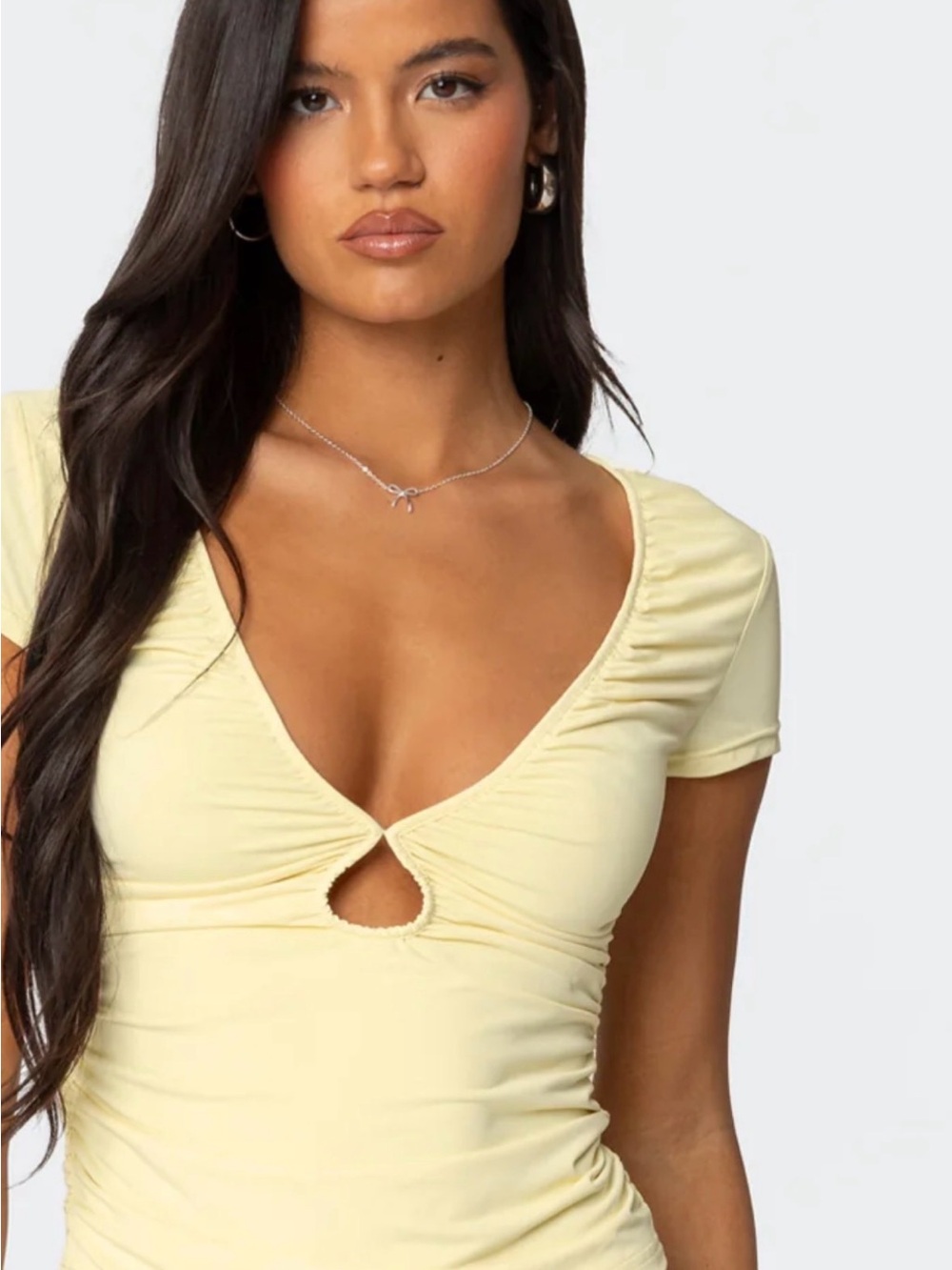 Edikted Lemon Yellow Ruched Keyhole V-Neck Top